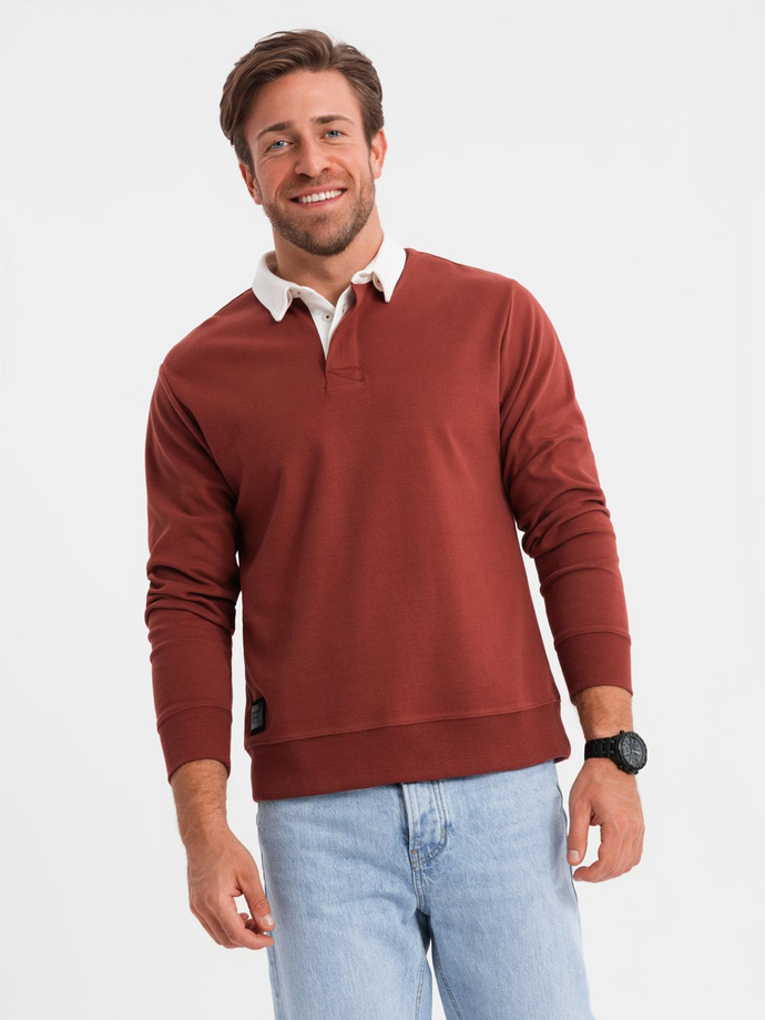 Men's sweatshirt with white polo collar - maroon V3 OM-SSNZ-0132