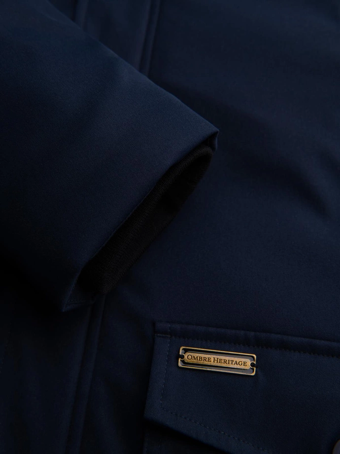 Elegantní pánská parka s kapsami a kapucí - tmavě modrá V2 OM-JAPJ-0287