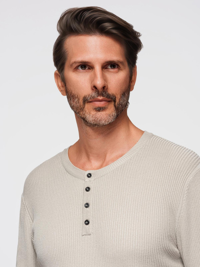 Men's ribbed sweater with buttons at the neckline - beige V3 OM-SWSW-0182