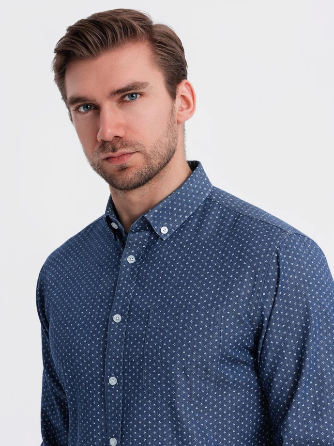 Cămașă bărbătească din bumbac cu model SLIM FIT - albastru marin V6 OM-SHCS-0151