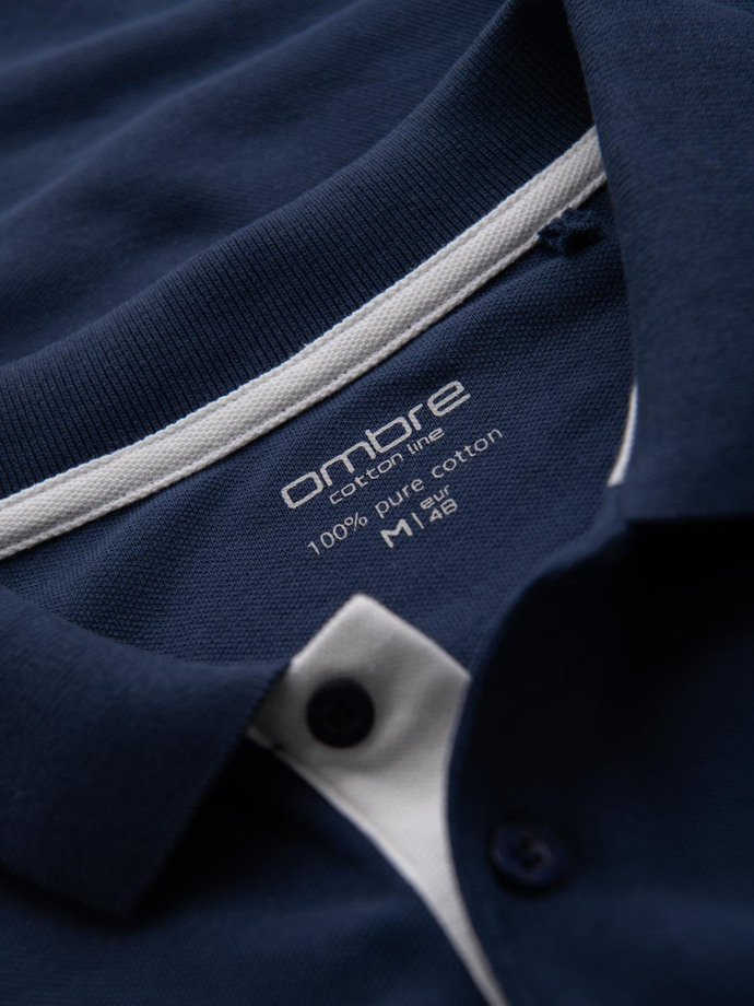 Tricou polo bărbătesc din bumbac cu ornamente contrastante - albastru marin V4 OM-POSS-0113