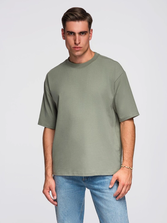Men's LOOSE FIT cotton t-shirt with round neckline - khaki V8 OM-TSBC-0234