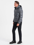 Heavily insulated quilted men's jacket with detachable hood - graphite V3 OM-JAHP-22FW-010