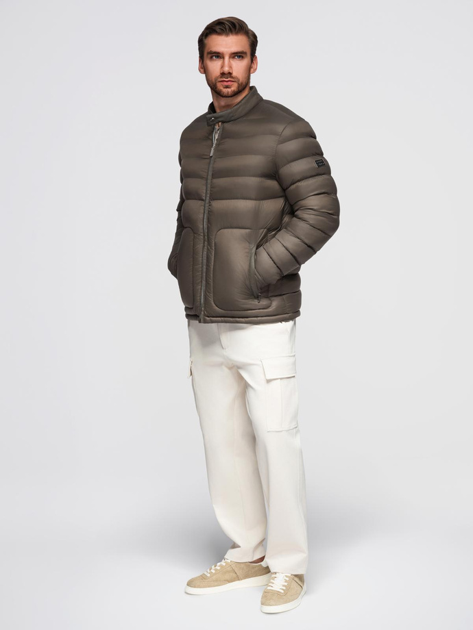 Classic quilted men's jacket with stand-up collar - olive V3 OM-JALP-0261