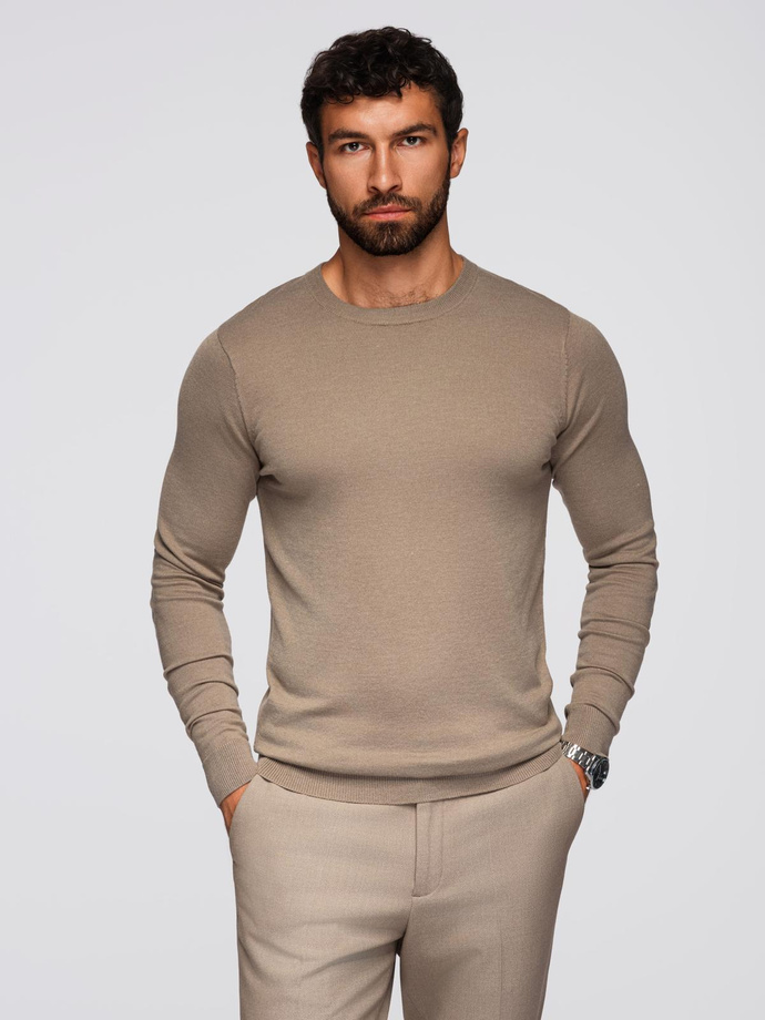 BASIC men's classic viscose sweater with round neckline - dark beige V15 OM-SWBS-0106