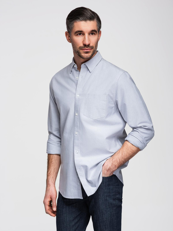 Elegantiški vyriški oksfordo marškiniai su siuvinėjimais ir kišenėmis - mėlyni V1 OM-SHOS-0173