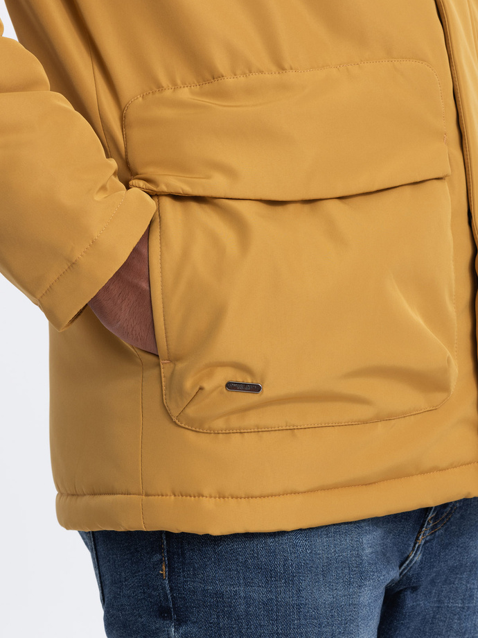 Men's insulated jacket with hood - mustard V2 OM-JAHP-0128