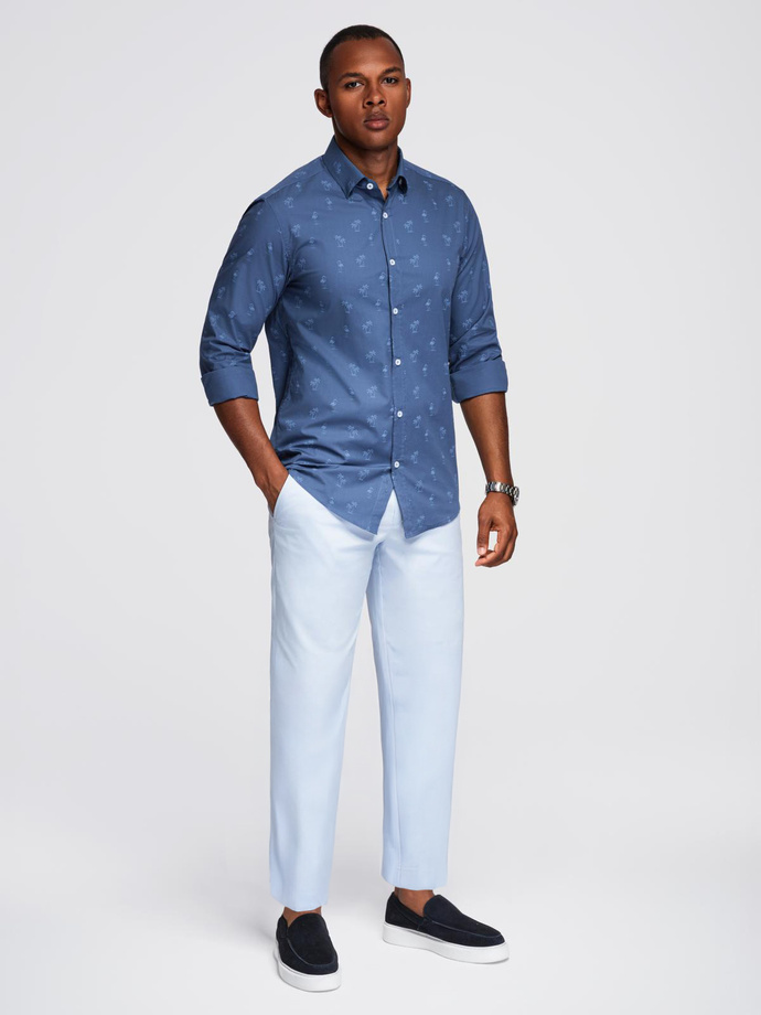 Cămașă clasică pentru bărbați din bumbac SLIM FIT cu palmieri - albastru închis V5 OM-SHCS-0156