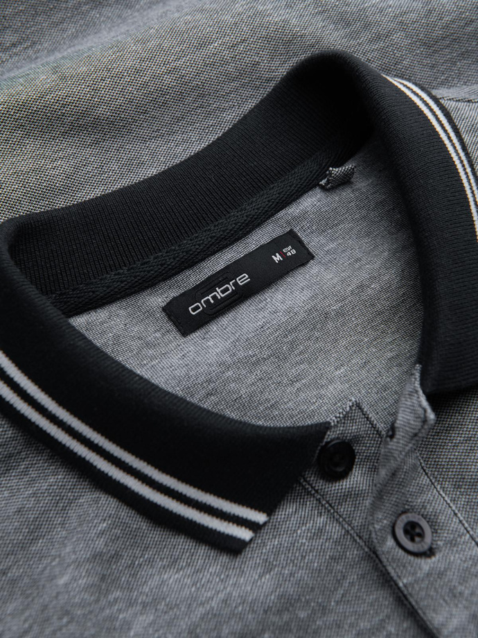 Men's melange polo shirt with striped collar - black V1 OM-POSS-0109