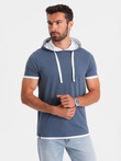 Tricou bărbătesc casual din bumbac cu glugă - albastru închis melange V12 OM-TSCT-22SS-001