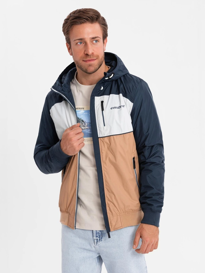 Lightweight colorful men's sports jacket with fleece - brown and navy blue V1 OM-JANP-0194