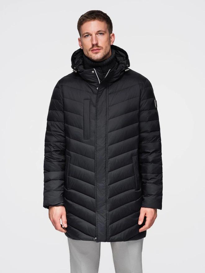 Men's long quilted jacket with natural filling - black V1 OM-JALJ-0212