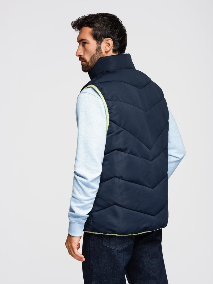Men's quilted sleeveless jacket with neon accents - navy blue V3 OM-JAVJ-0210