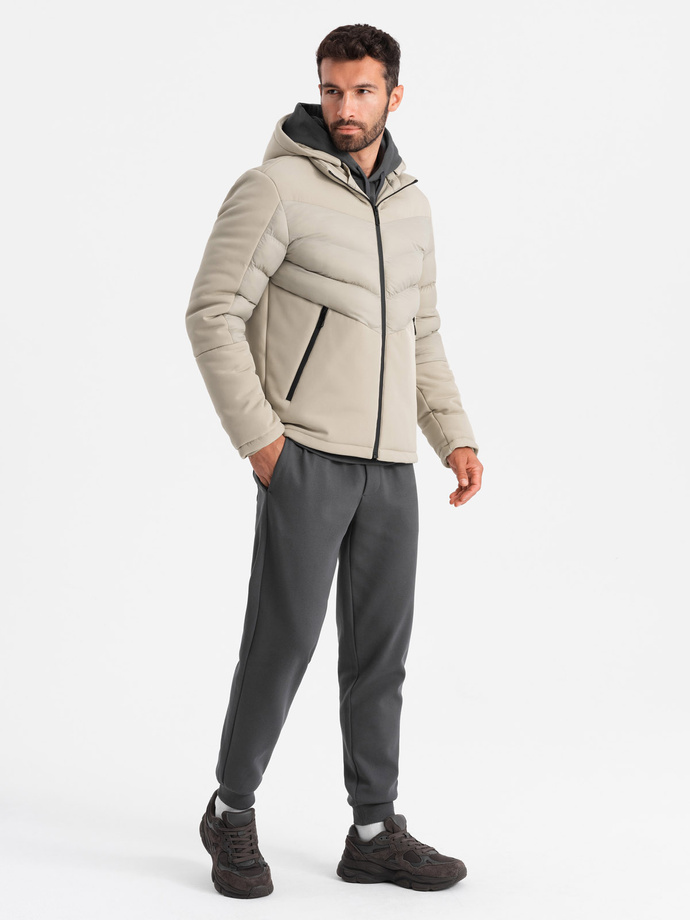 Jachetă matlasată combinată pentru bărbați cu guler înalt - bej V4 OM-JALP-0172