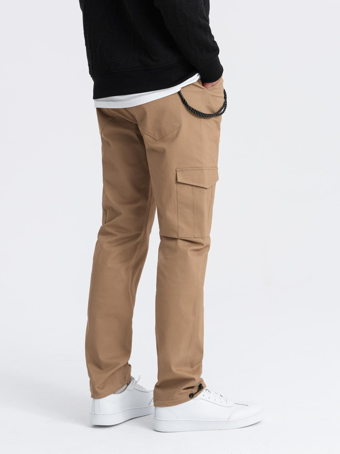 Men's pants with cargo pockets and leg hem - warm brown V2 OM-PACG-0189