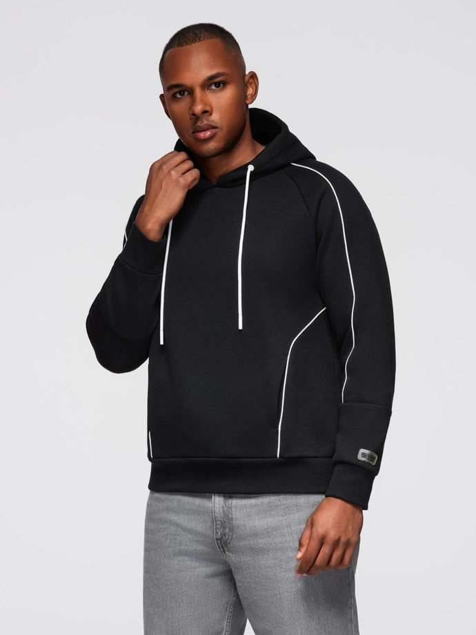 Men's sweatshirt with contrast stitching and hood - black V1 OM-SSNZ-0250