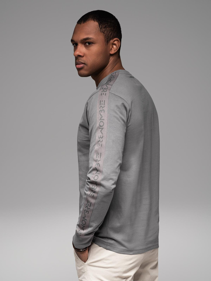 Men's cotton U-neck longsleeve with piping and chest print - grey V5 OM-LSCL-0127