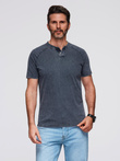 Men's t-shirt with wash effect and buttons at neckline - navy blue V2 OM-TSWT-0150