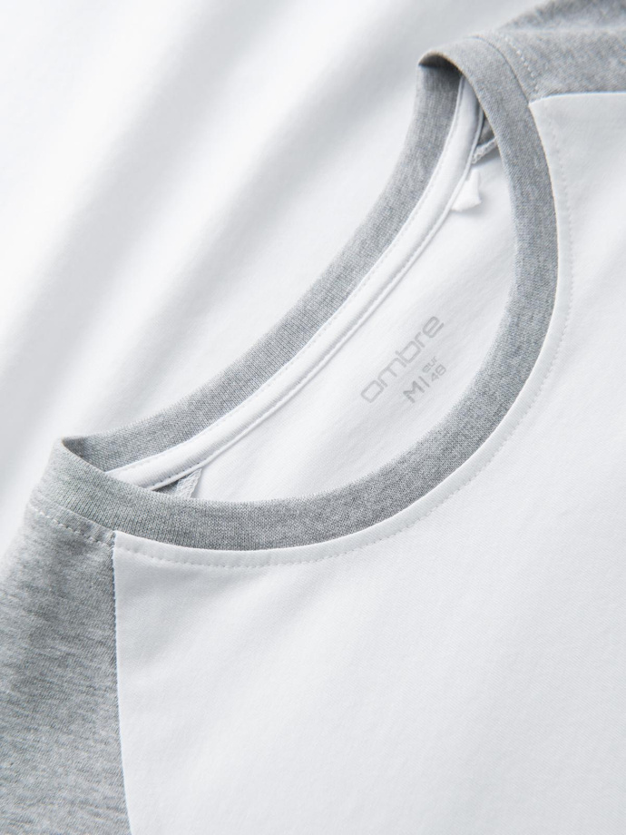 Vyriškas marškinėlis ilgomis rankovėmis su raglano kontrastinėmis rankovėmis - baltos ir pilkos spalvos V5 OM-LSCL-0105