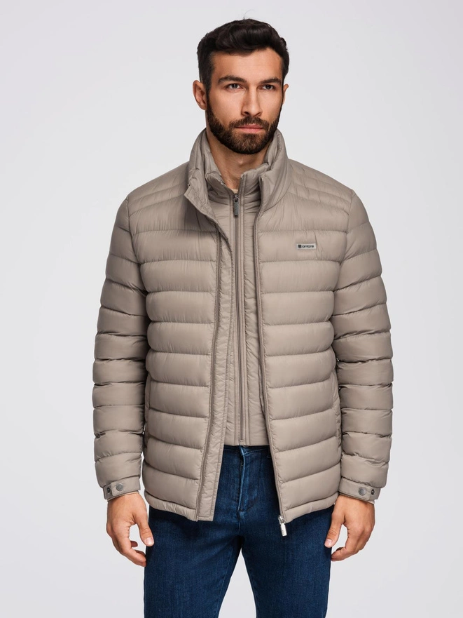 Men's quilted jacket with two fasteners - dark beige V4 OM-JALP-0231