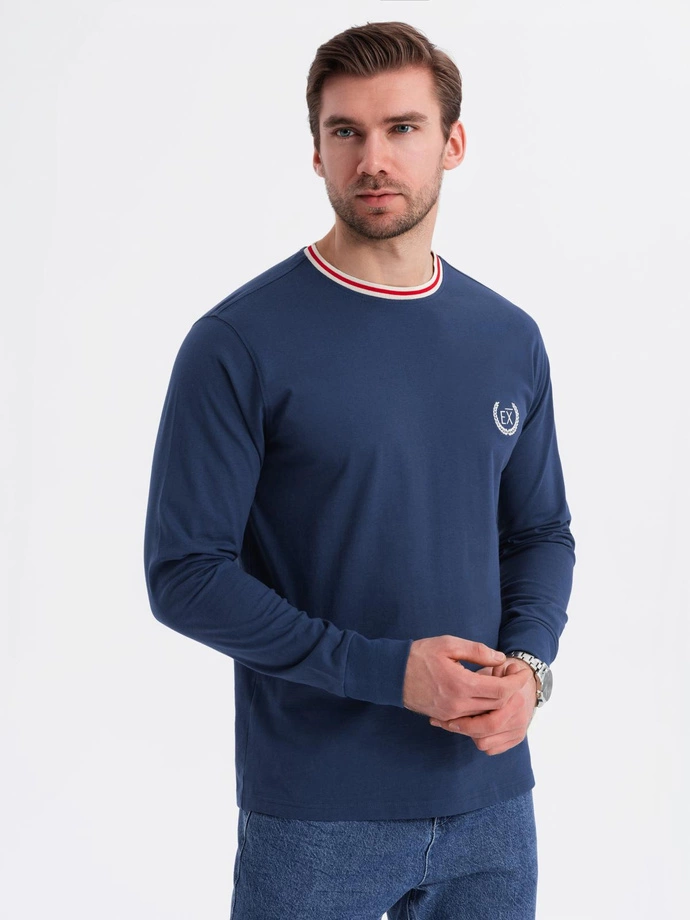 Men's cotton longsleeve with striped U neckline and embroidery - dark blue V3 OM-LSCL-0128