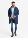 Men's long quilted jacket with lapels and lining - dark blue V1 OM-JALJ-0177