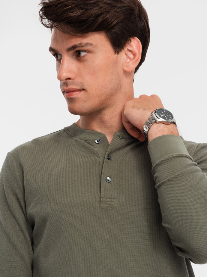 Button-up neck men's waffle knit longsleeve - olive V1 OM-LSCL-0120