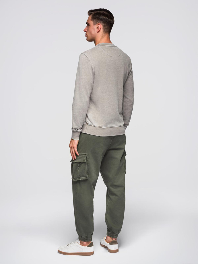 Washed men's sweatshirt with decorative stitching at the neckline - beige V2 OM-SSDS-0131