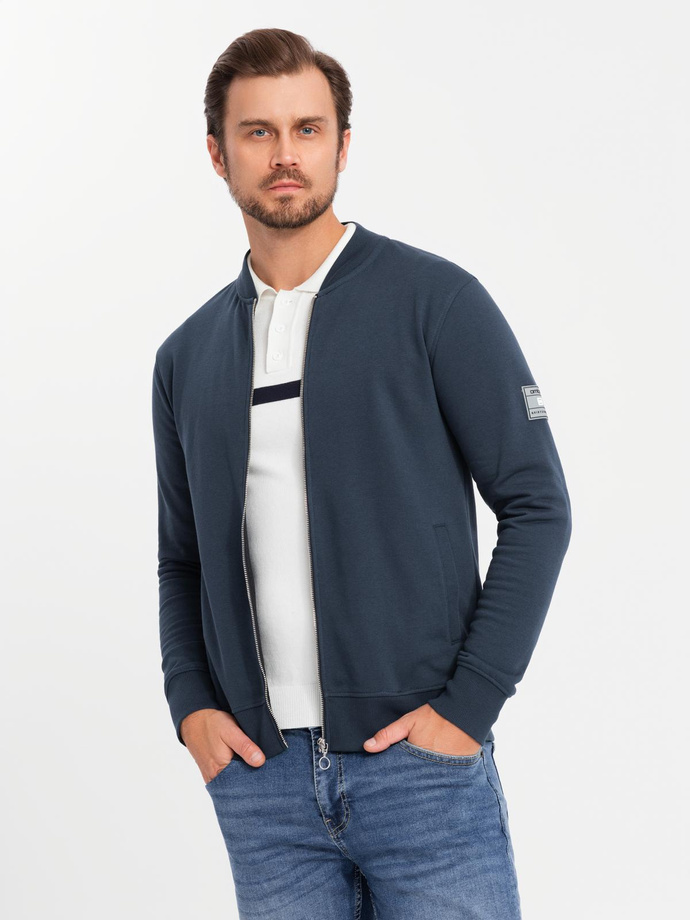 Men's unbuttoned cotton sweatshirt bomber - navy blue V4 OM-SSZP-0215