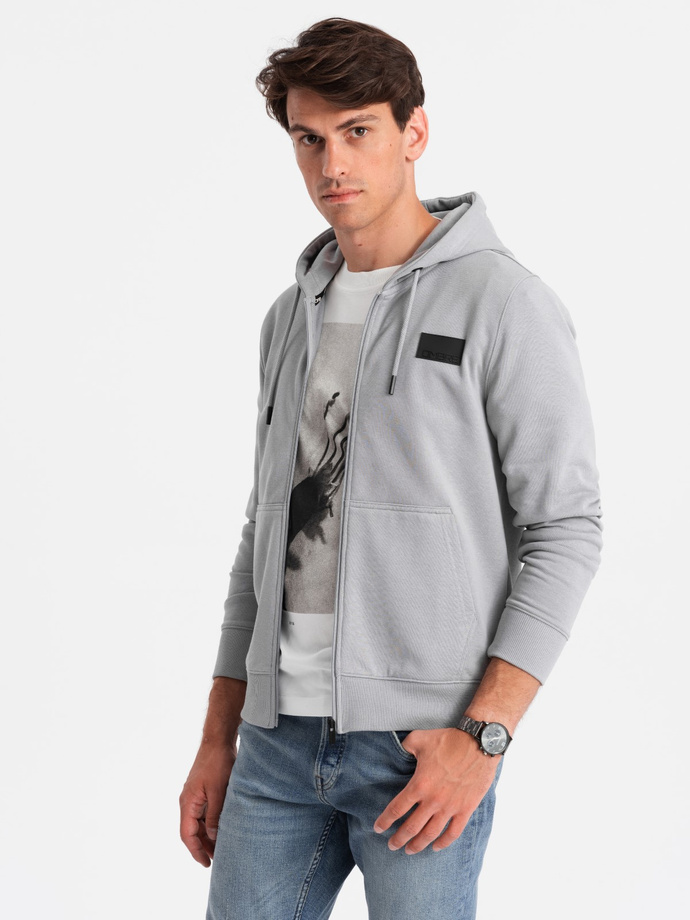 Men's unbuttoned sweatshirt with hood and patch - grey V1 OM-SSZP-0140