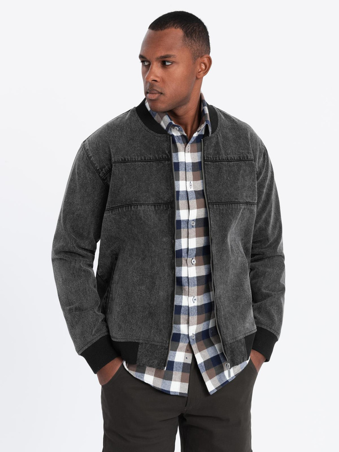 Pánská džínová bunda bomber s efektem stone wash - černá V2 OM-JADJ-0163