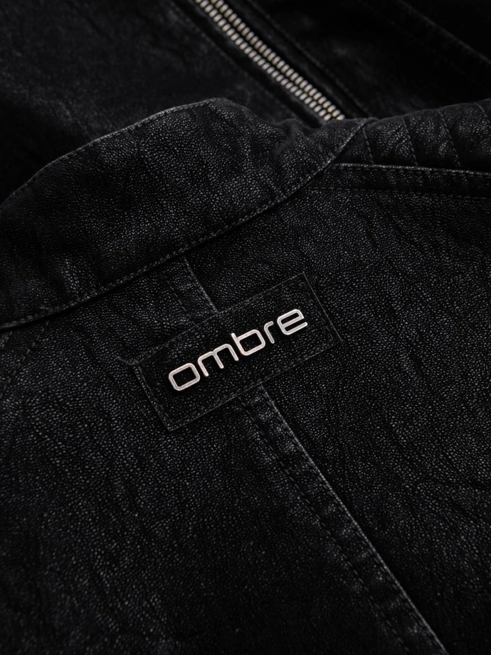 Stylish men's eco leather biker jacket with collar - black V2 C637