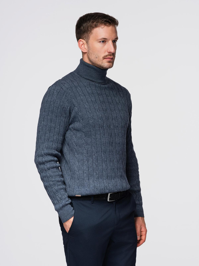 Men's turtleneck sweater with checkered weave - navy blue V3 OM-SWTN-0157