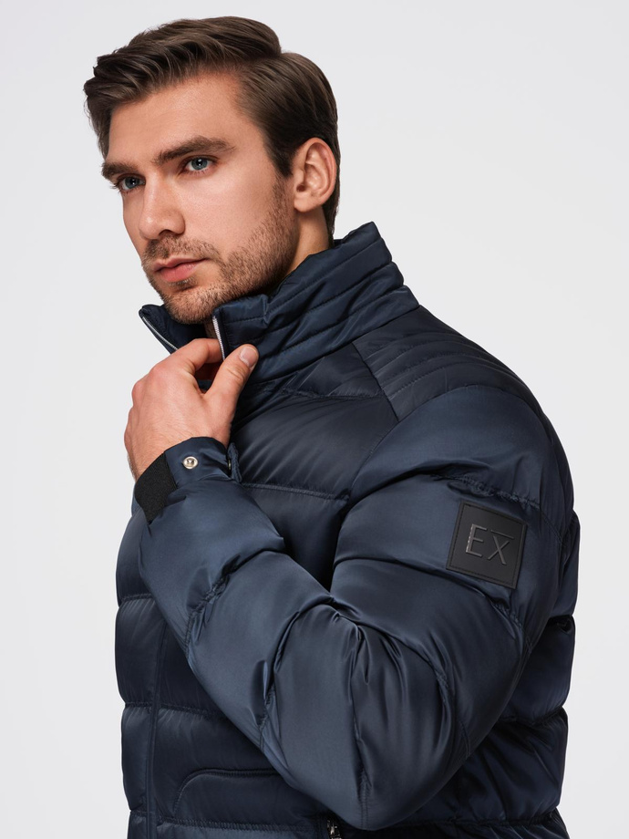 Men's quilted jacket with sheen and stand-up collar - dark blue V2 OM-JALP-0218