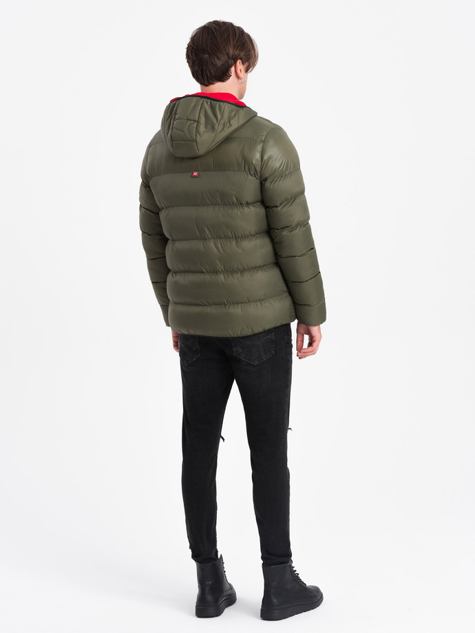 Men's quilted winter jacket with combined materials - dark olive green V3 OM-JAHP-0145