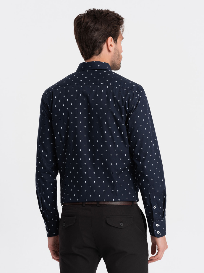 Vyriški klasikiniai medvilniniai SLIM FIT marškiniai su inkarais - tamsiai mėlyni V2 OM-SHCS-0156