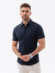 Men's slim fit knit shirt with short sleeves and collar - navy blue V2 OM-SHSS-0100