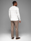 Men's horizontal striped polo longsleeve with viscose - white and beige V4 OM-POLS-0146