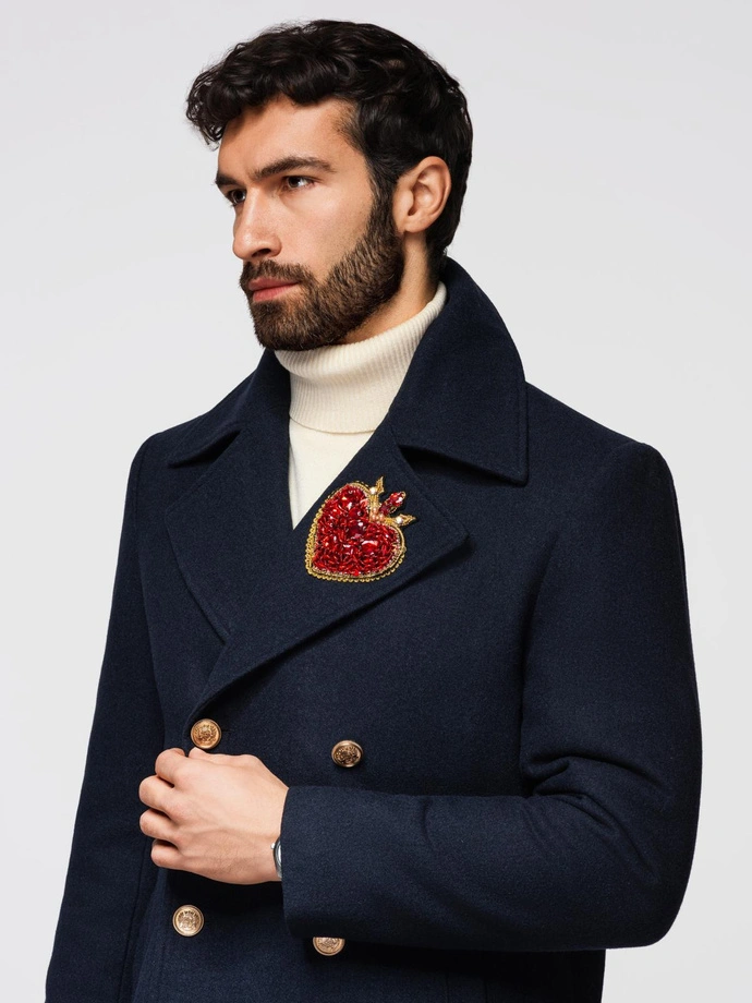 Men's double-breasted coat with wool and decorative appliqués - V1 navy blue OM-COWC-0149