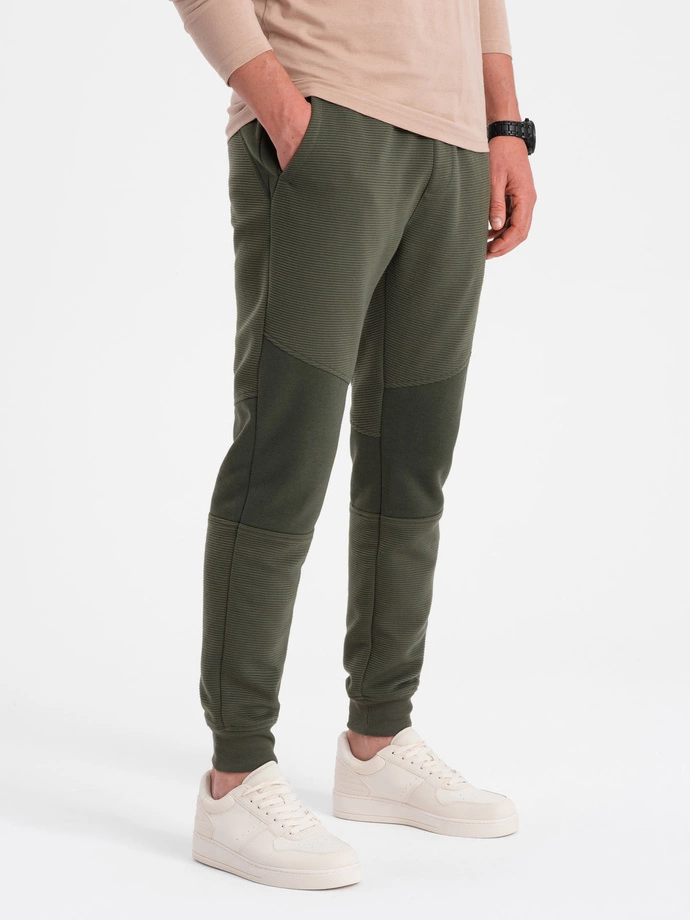 Pantaloni de trening pentru bărbați cu inserții din țesătură ottoman - verde-oliv închis V3 OM-PASK-0127