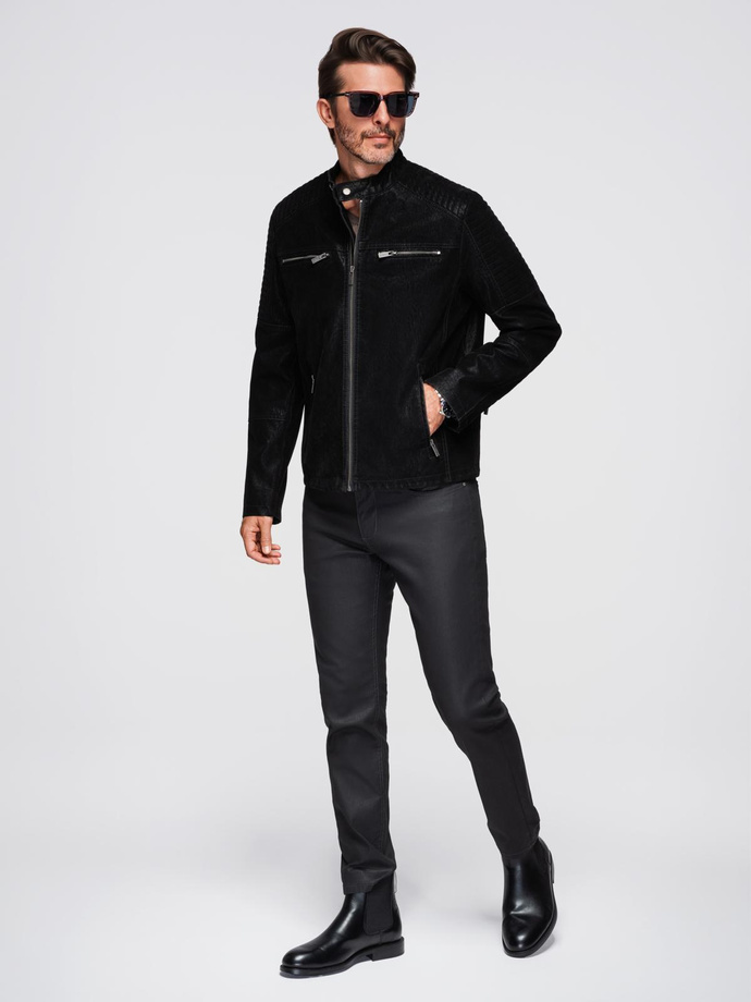 Men's retro-style biker jacket with stand-up collar - black V2 OM-JAFL-0197