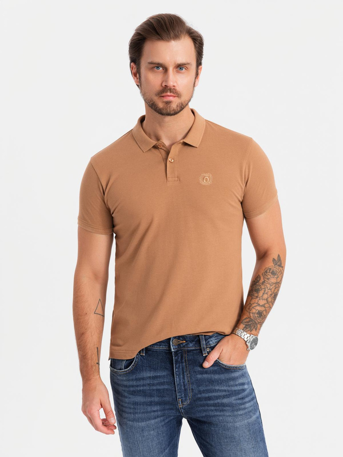 Pánske bavlnené polo tričko BASIC - biele/biele/svetlohnedé V6 OM-POBS-0133