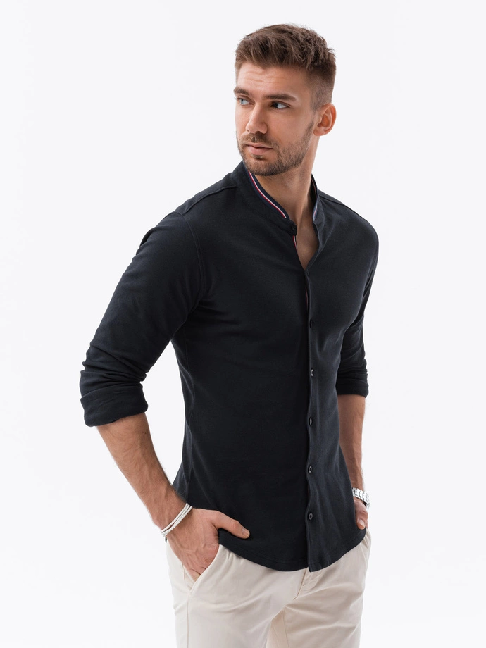 Men's cotton SLIM FIT shirt with stand-up collared collared stripes - black V4 OM-SHCS-0178 