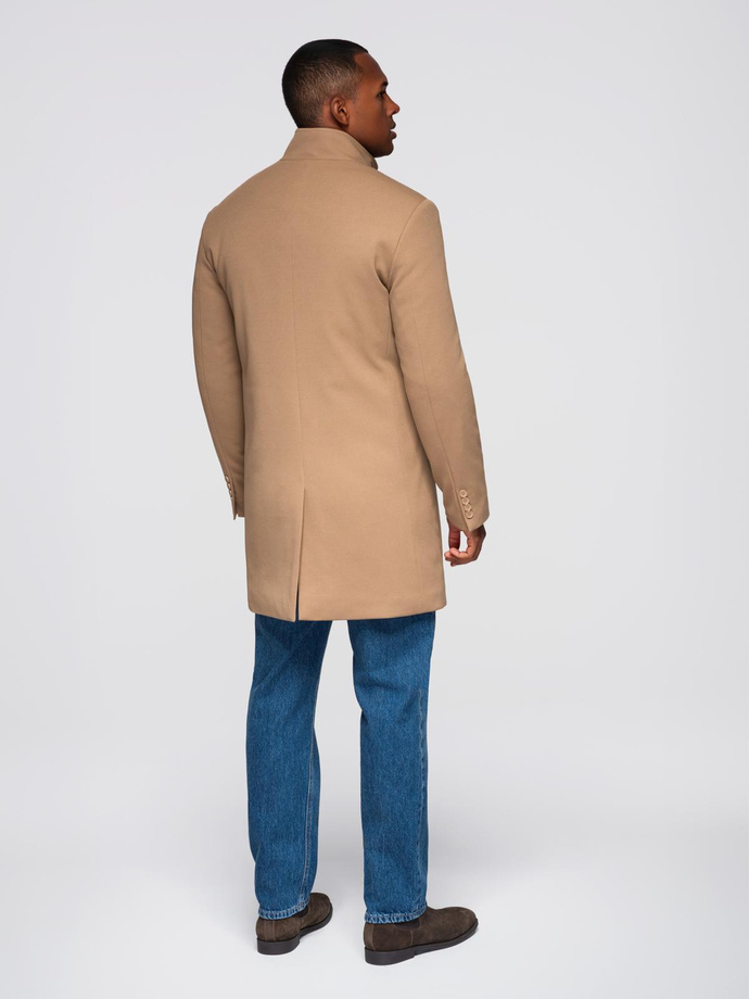 Structured fitted coat for men with high collar - light brown V4 OM-COWC-0136