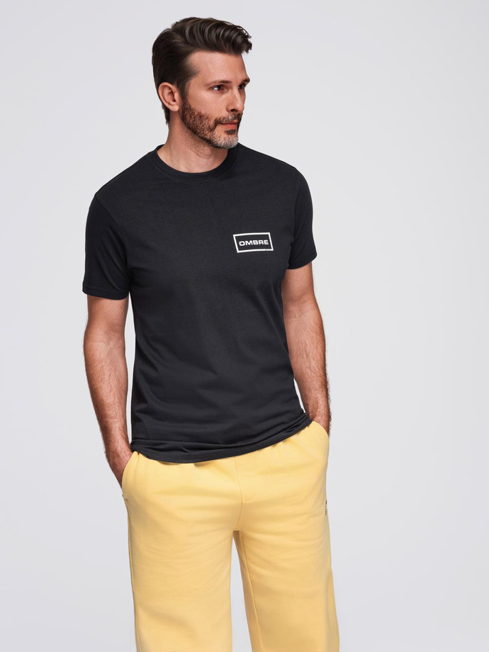 Men's knitted t-shirt with printed REGULAR cut - black V2 OM-TSPT-0231