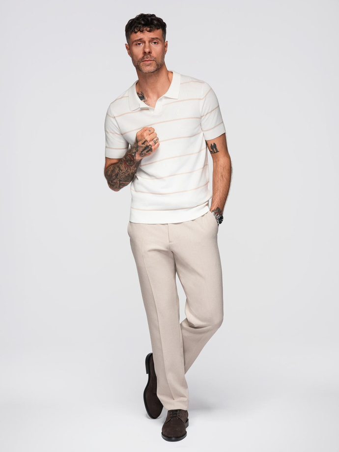 Pánská polokošile z viskózy s vodorovnými pruhy - bílá a béžová V4 OM-POSS-0145