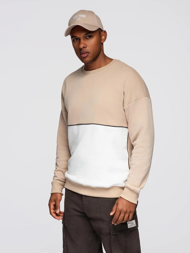 Men's OVERSIZE sweatshirt with contrasting color combination - beige V2 OM-SSNZ-0130