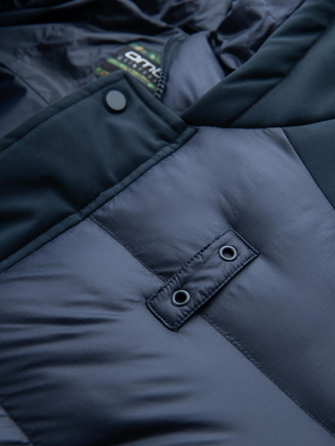 Men's quilted long jacket with large pockets - navy blue V4 OM-JALJ-0165