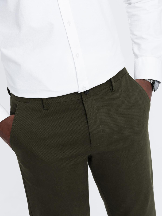 Pánské chino kalhoty SLIM FIT s jemnou strukturou - tmavě olivově zelené V4 OM-PACP-0190