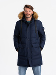 Men's long warm parka hooded jacket - navy blue V1 OM-JALJ-0182